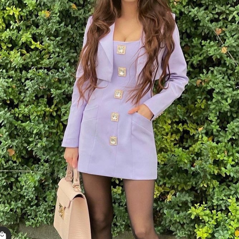 2 piece lavender mini dress and vest with oversized buttons.